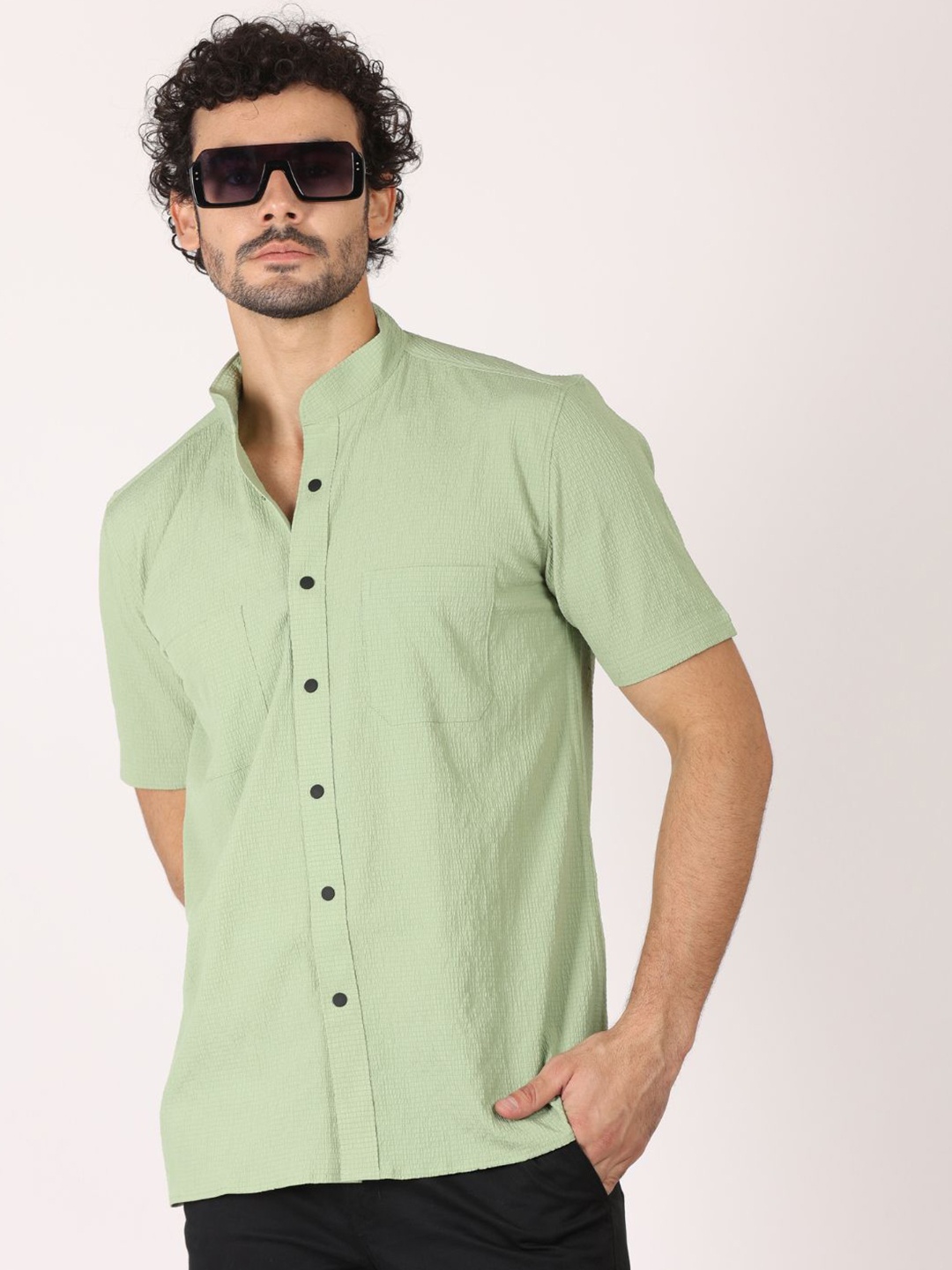 

ASHTOM Men Standard Fit Mandarin Collar Textured Cotton Casual Shirt, Green