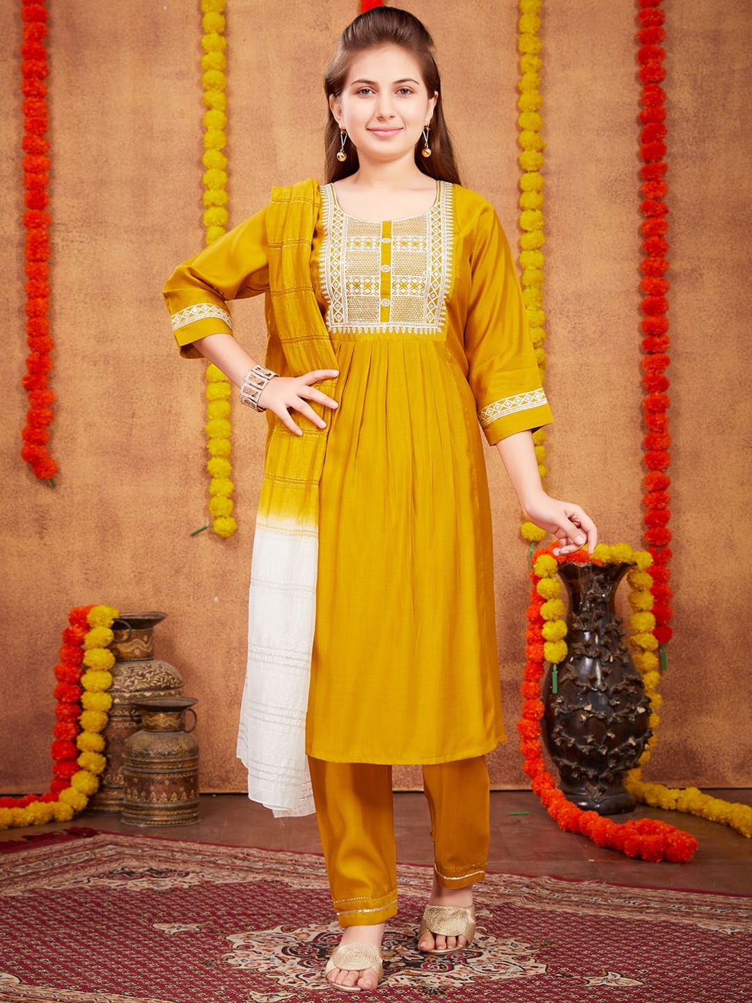 

Aarika Girls Ethnic Motifs Embroidered Pure Silk Anarkali Kurta with Trousers & Dupatta, Mustard