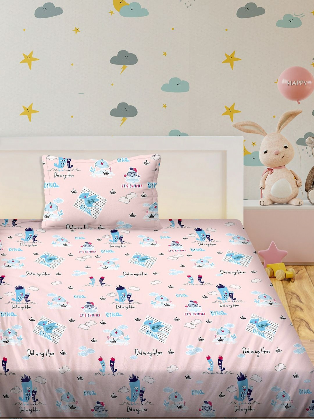 

Myntra Elegant Homes Pink & Blue Printed Cotton 210 TC Single Bedsheet Set 1.52 m x 2.28m