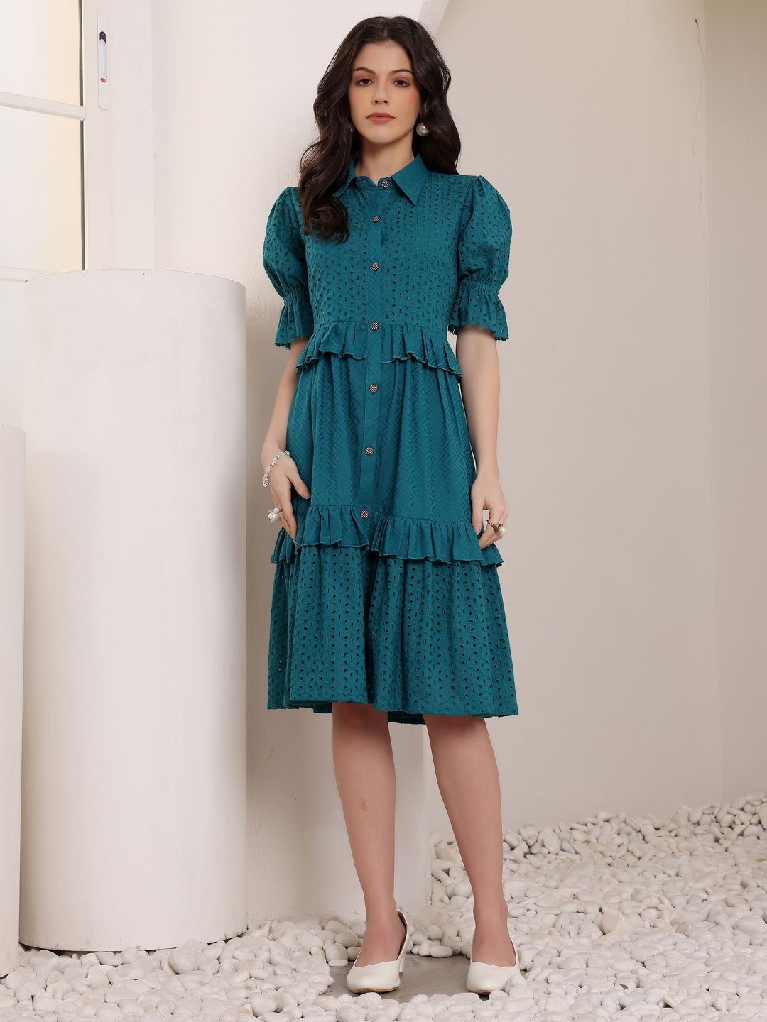 

all about you Schiffli & Ruffled Details Cotton Fit & Flare Dress, Teal