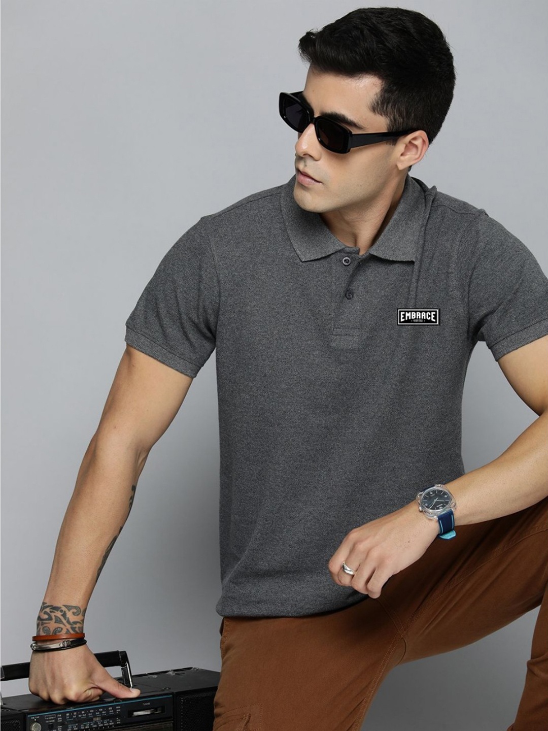 

R.Code by The Roadster Lifestyle Co. Men Solid Polo Collar Cotton T-shirt, Grey