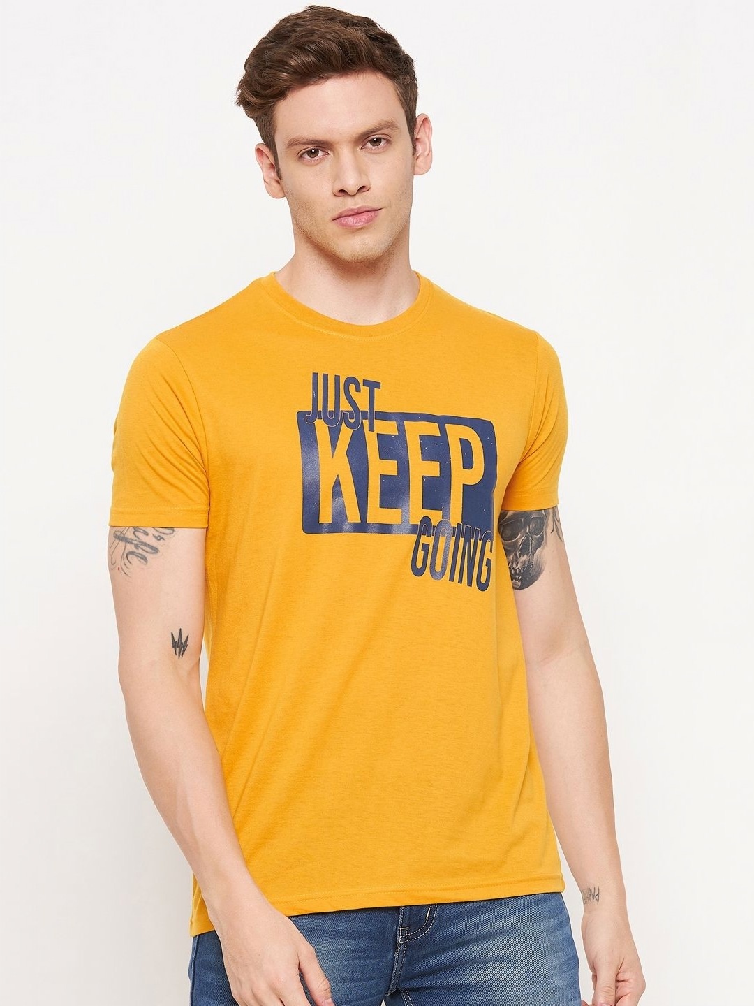 

LYCOS Men Typography Printed Round Neck Cotton T-shirt, Mustard