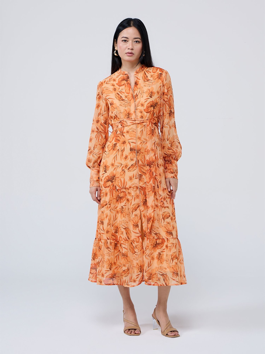 

20Dresses Floral Print Fit & Flare Midi Dress, Orange