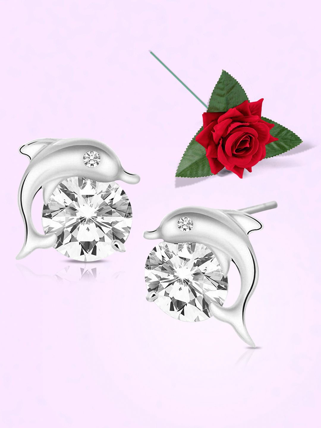 

Peora Silver-Plated Cubic Zirconia Studded Contemporary Shaped Studs With Red Rose