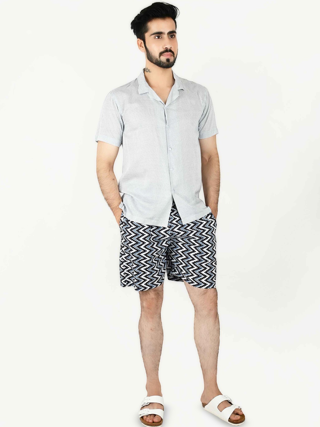 

Blissence Striped Shirt Collar Pure Cotton Shirt With Shorts, Blue