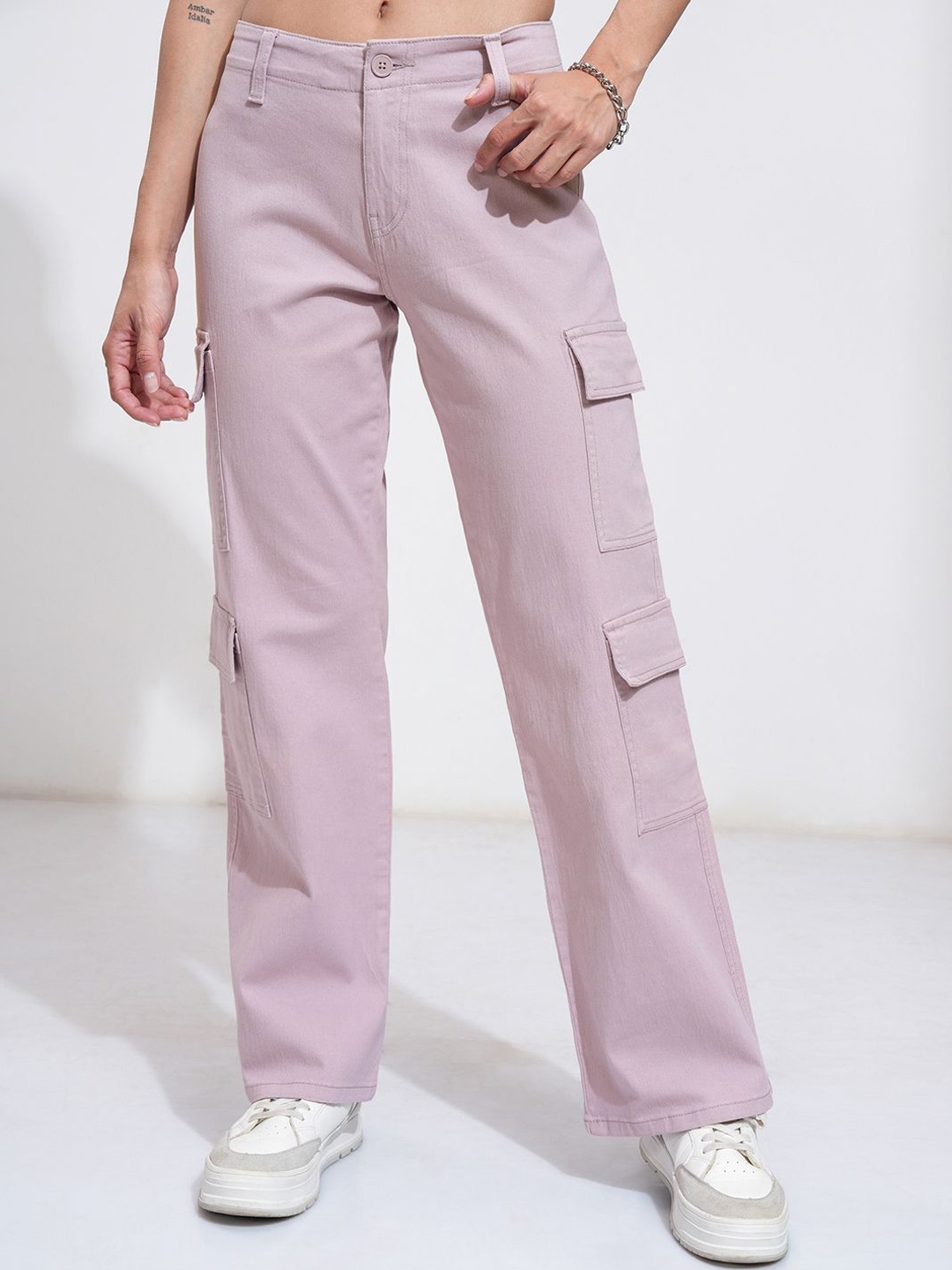 

Tokyo Talkies Women Wide Leg Twill Cargo Trousers, Purple