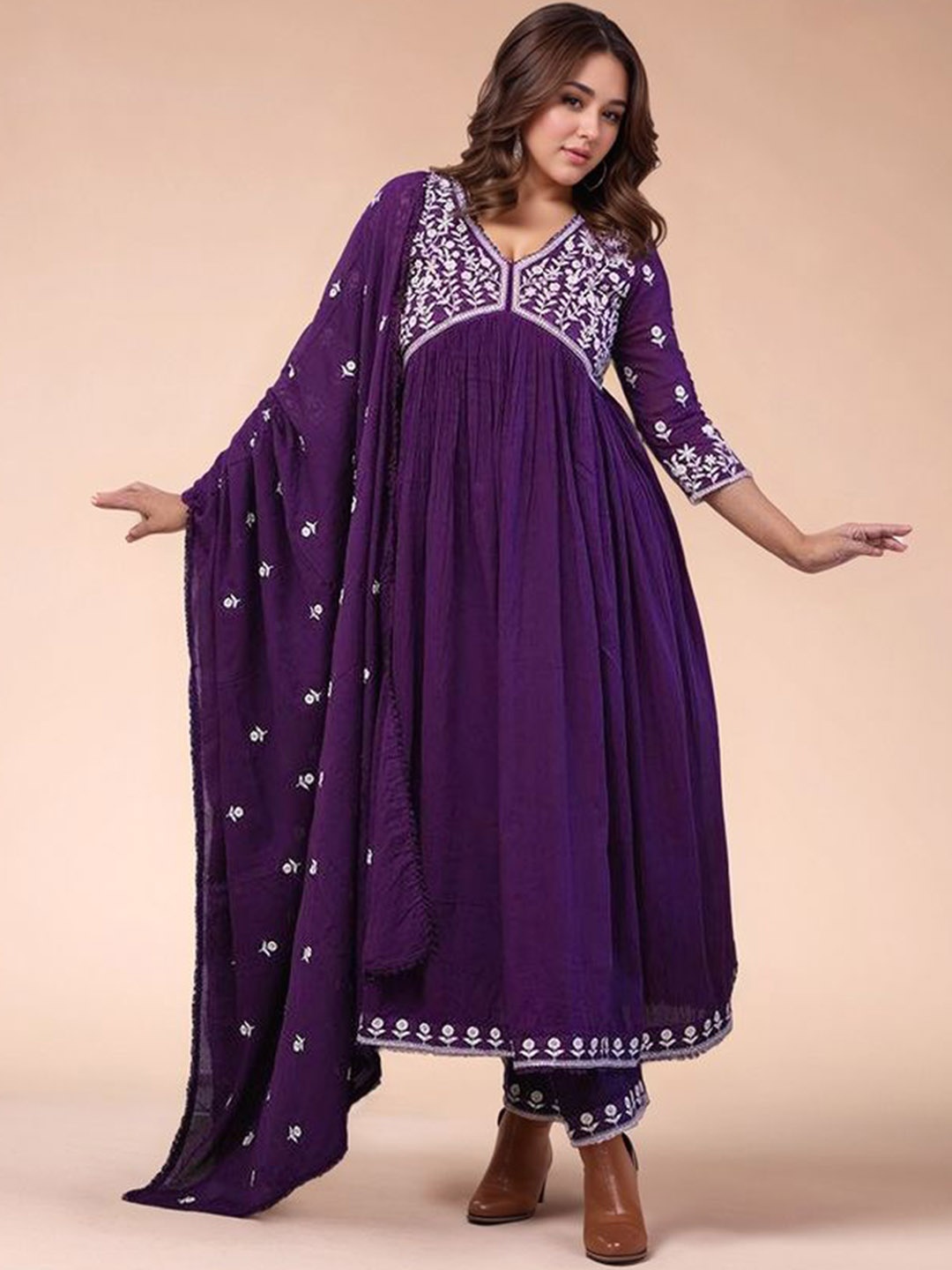 

Siya Fashion Embroidered A-Line V-Neck Kurta With Trousers And Dupatta, Purple