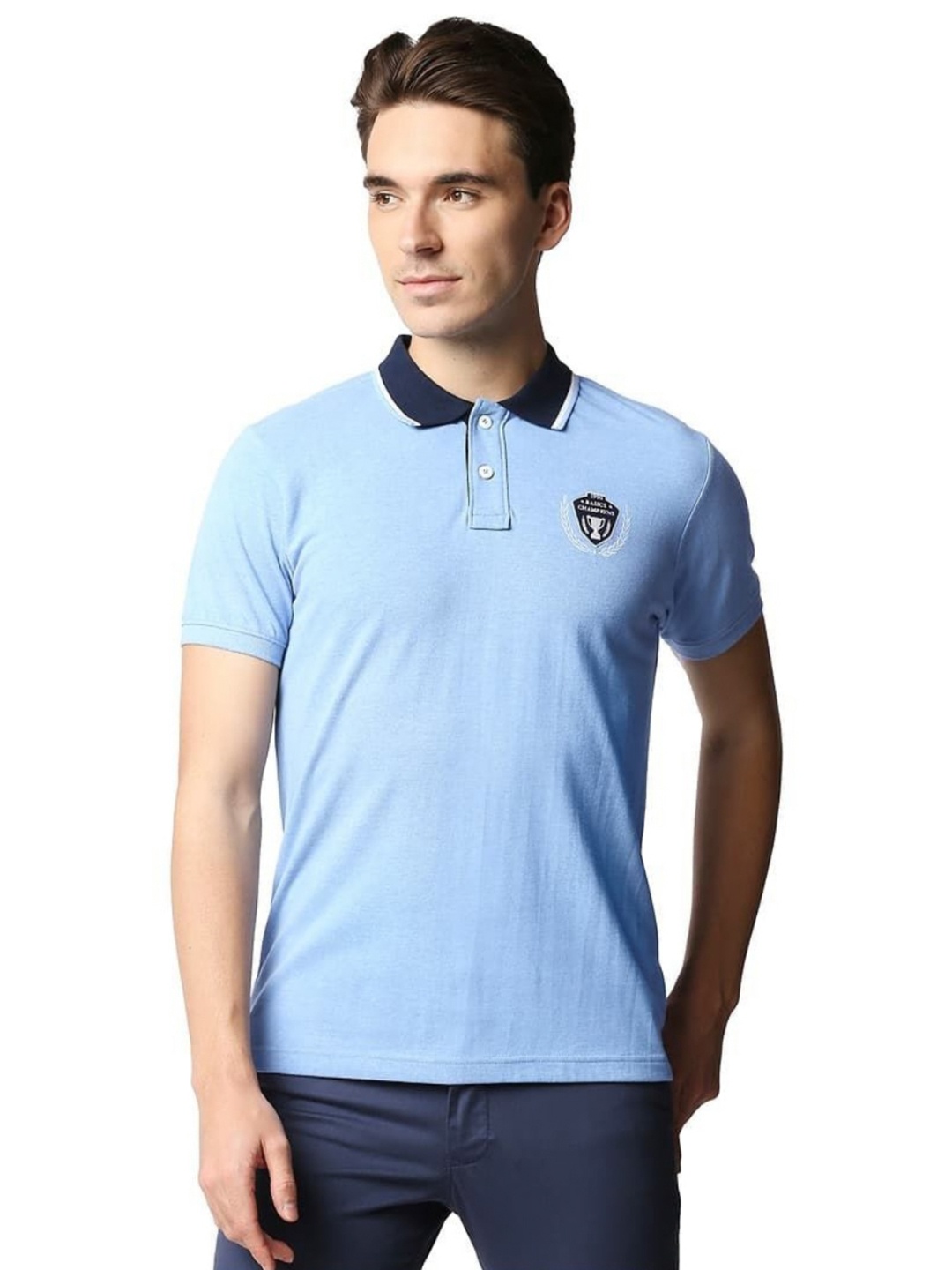 

Basics Men Solid Polo Collar Cotton T-shirt, Blue