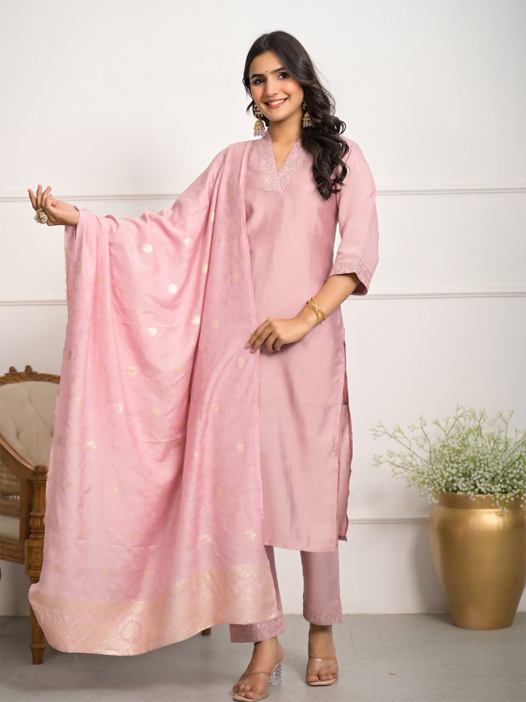 

ODETTE Women Floral Yoke Design Embroidered Thread Work Kurta with Trousers & Dupatta, Peach