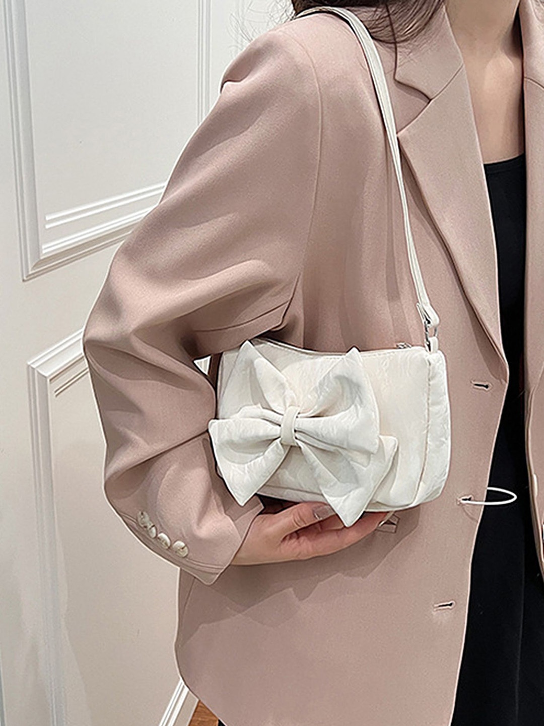 

LULU & SKY PU Structured Handheld Bag with Bow Detail, Off white