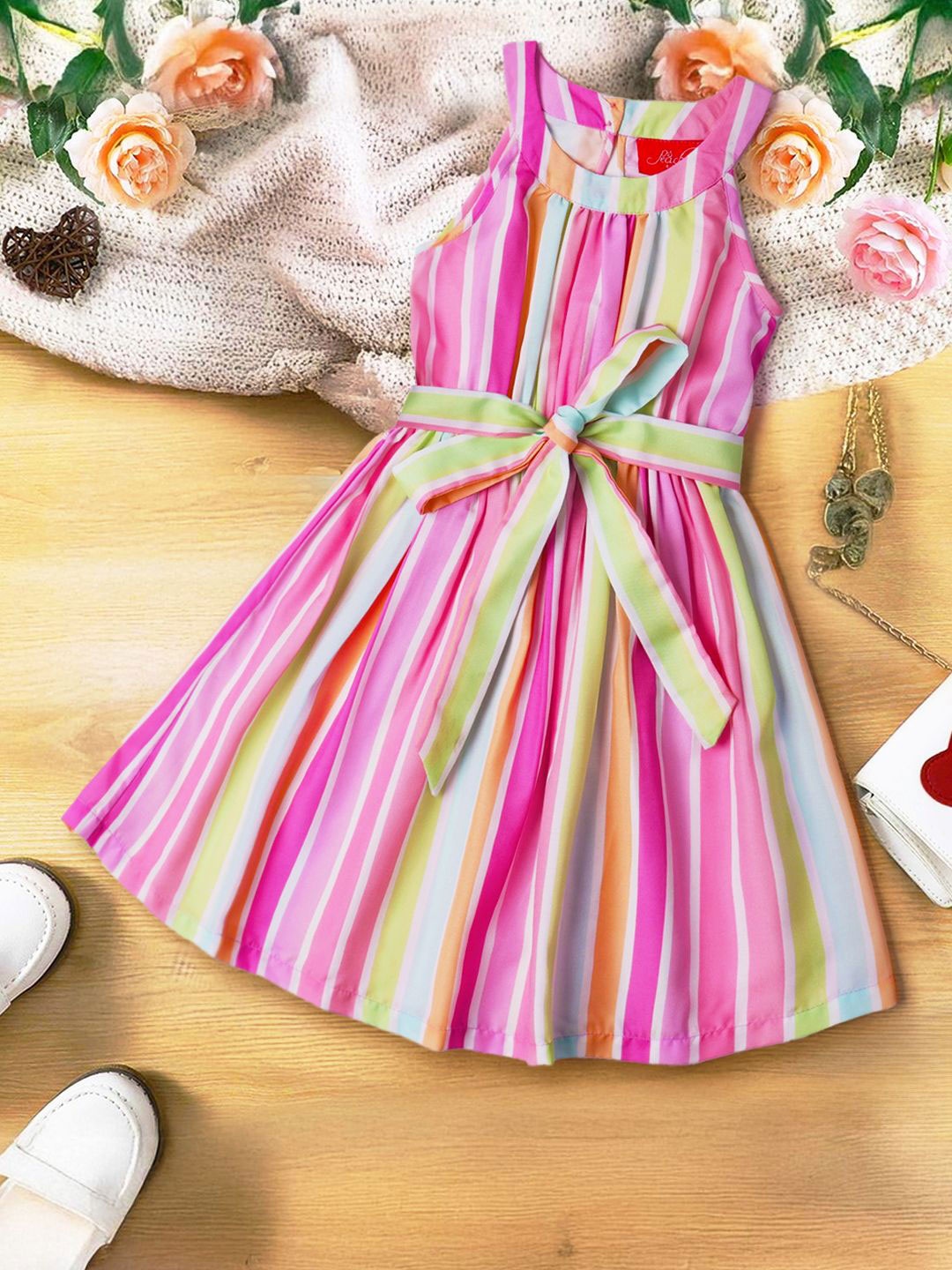 

pspeaches Girls Striped Halter Neck Fit & Flare Dress, Pink