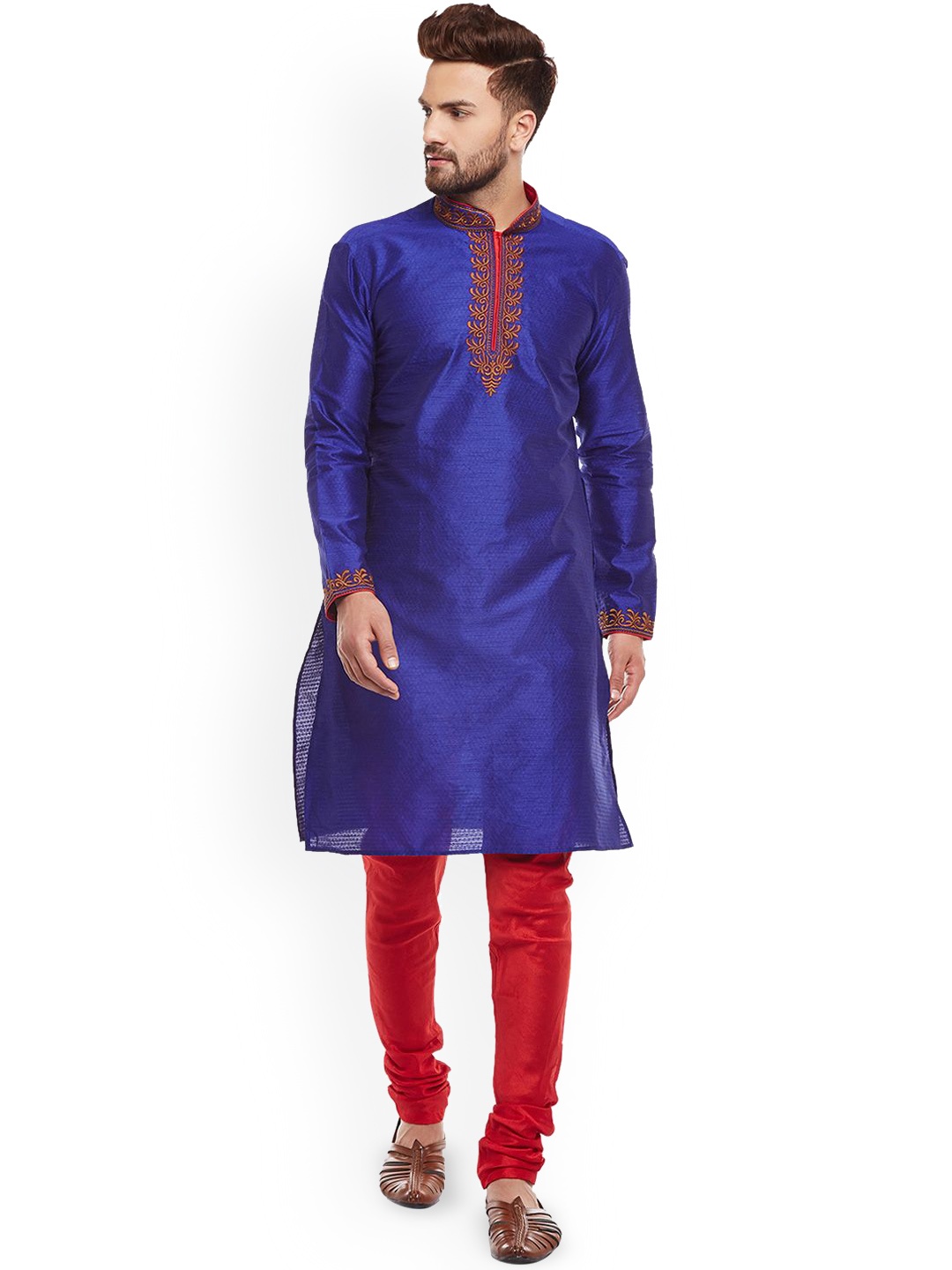 

Larwa Embroidered Woven Design Mandarin Collar Kurta With Pyjamas, Blue