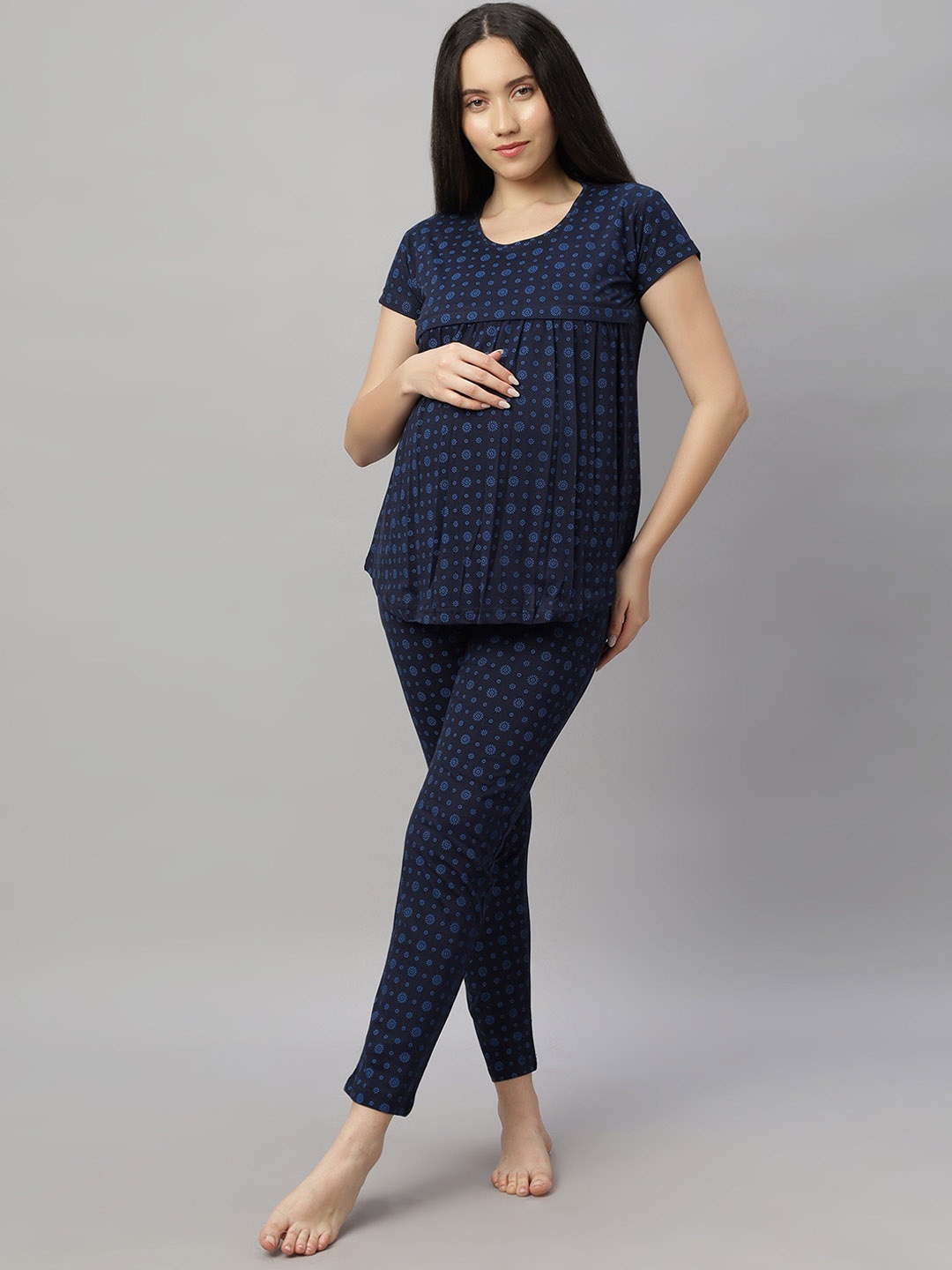 

DZZO Women Printed Night suit, Navy blue