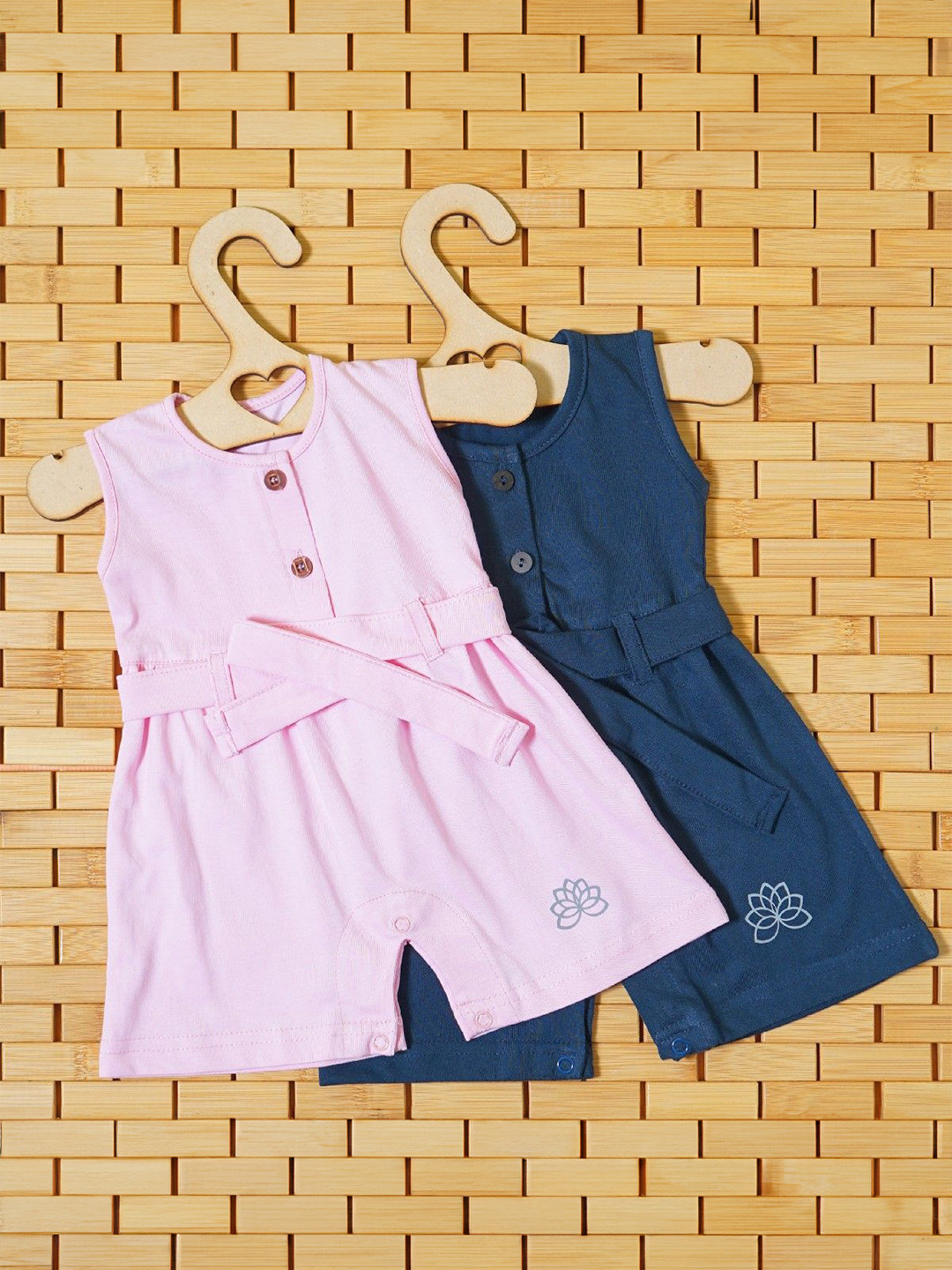 

THE MAPLES FASHION Girls Pack of 2 Solid Round Neck Sleeveless Rompers With Belt, Pink