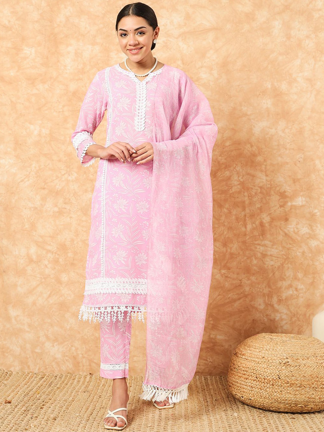 

KALINI Floral Printed Notch Neck Lace Work Kurta With Trousers & Dupatta, Pink