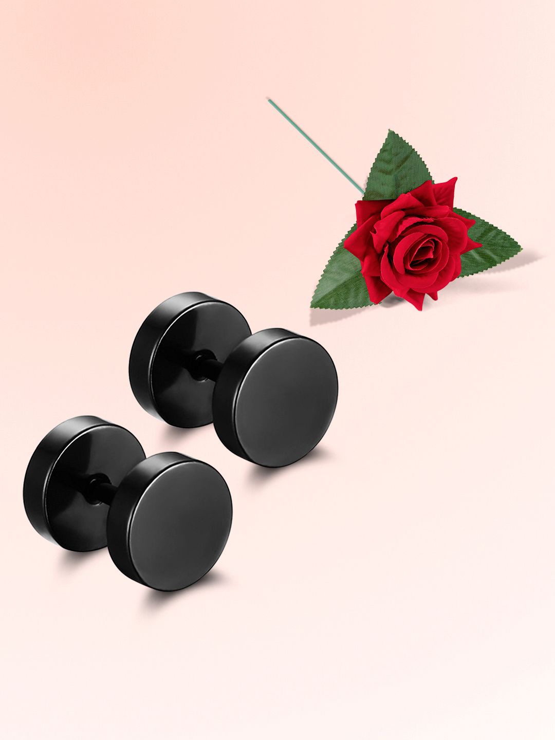 

Peora Men Stainless Steel Circular Studs With Rose Jewellery Box, Black