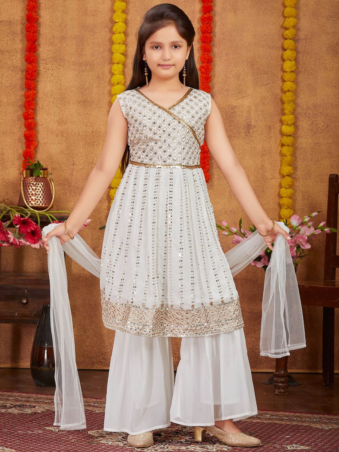 

Aarika Girls Ethnic Motifs Embroidered V-Neck Sequinned Kurti with Sharara & Dupatta, Cream