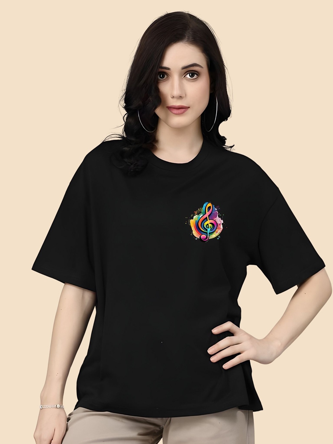 

SZN Women Graphic Printed Round Neck Cotton Oversized T-shirt, Black