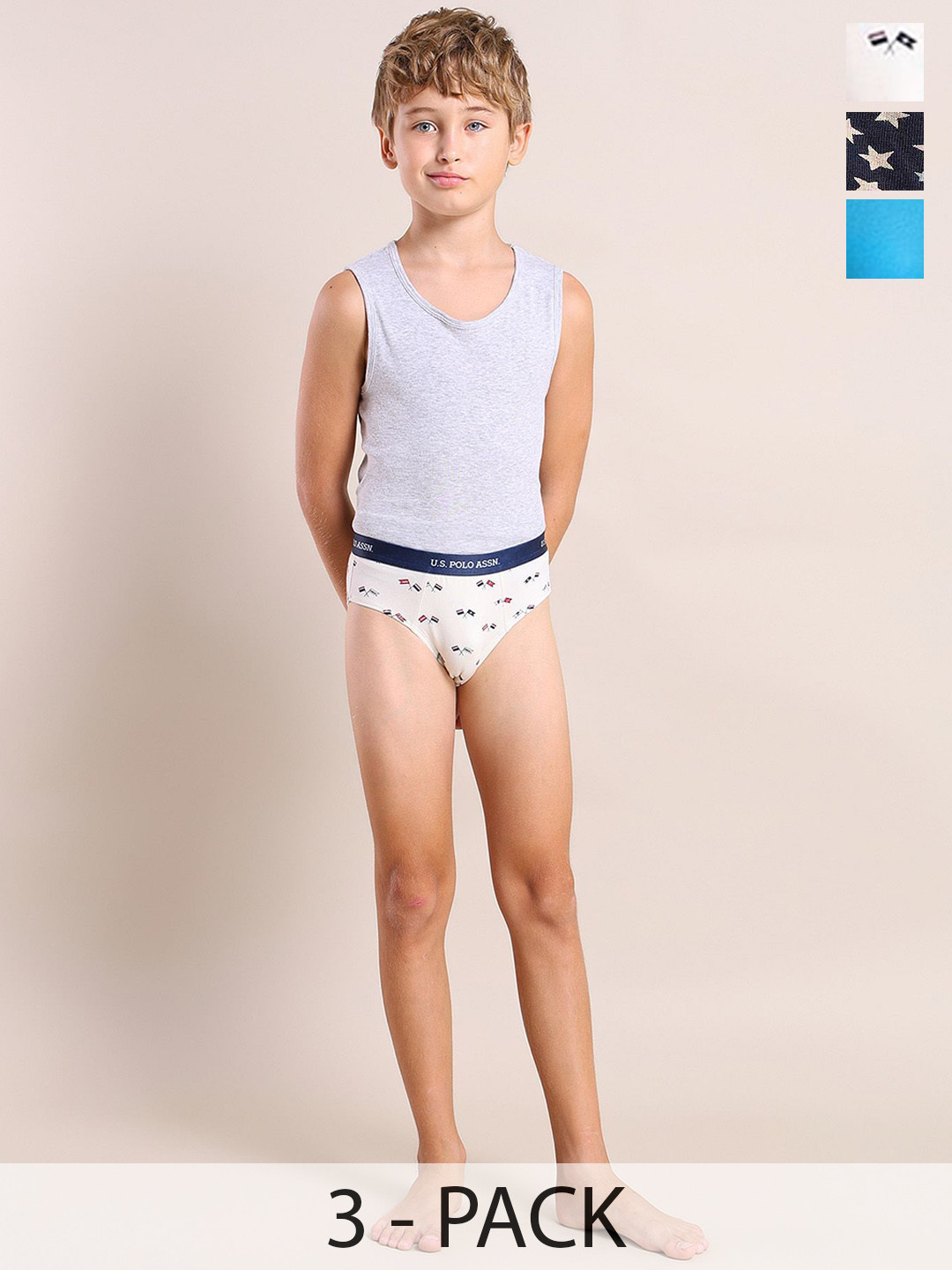 

U.S. Polo Assn. Kids Boys Pack Of 3 Printed Mid Rise Outer Elastic Briefs - EKB04-NWB-P3, Black