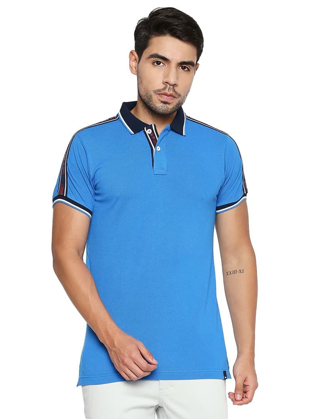 

Basics Men Solid Polo Collar Cotton T-shirt, Blue