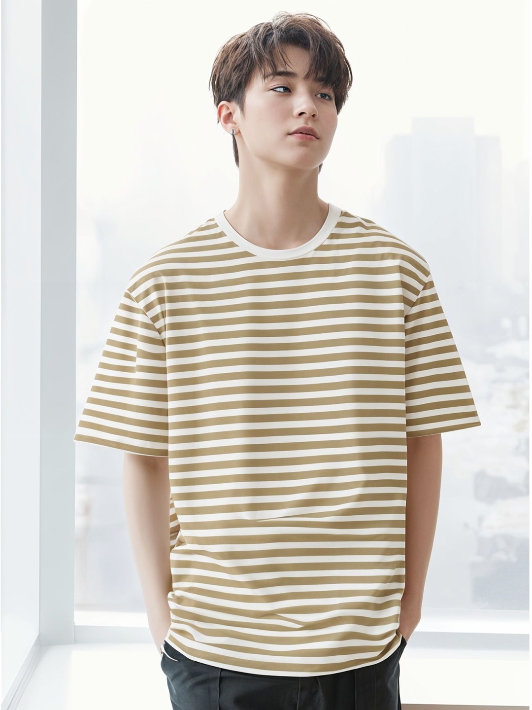 

MACK JONNEY Men Striped Round Neck Cotton Oversized T-shirt, Tan