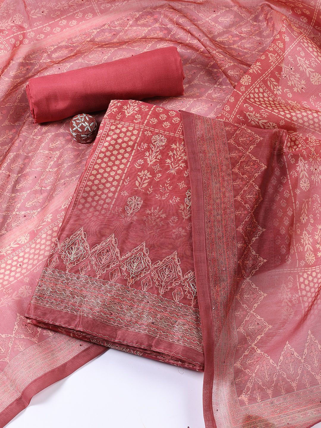 

Meena Bazaar Floral Printed Art Silk Unstitched Dress Material, Pink