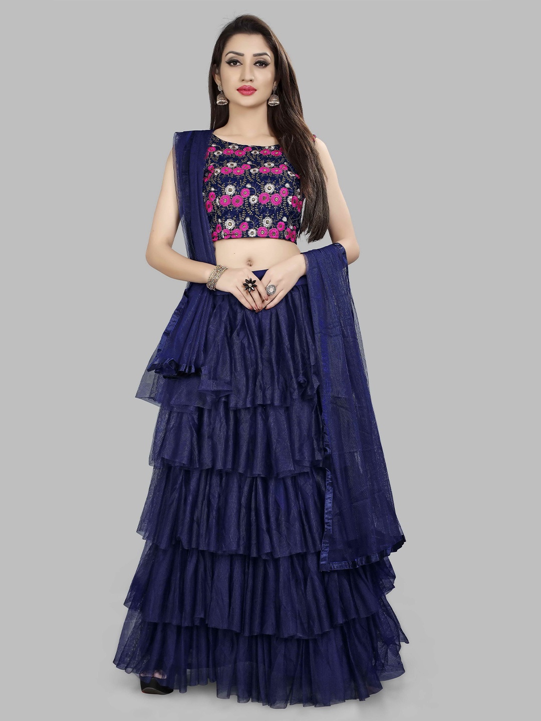 

DIVASTRI Floral Embroidered Semi-Stitched Lehenga Choli, Navy blue