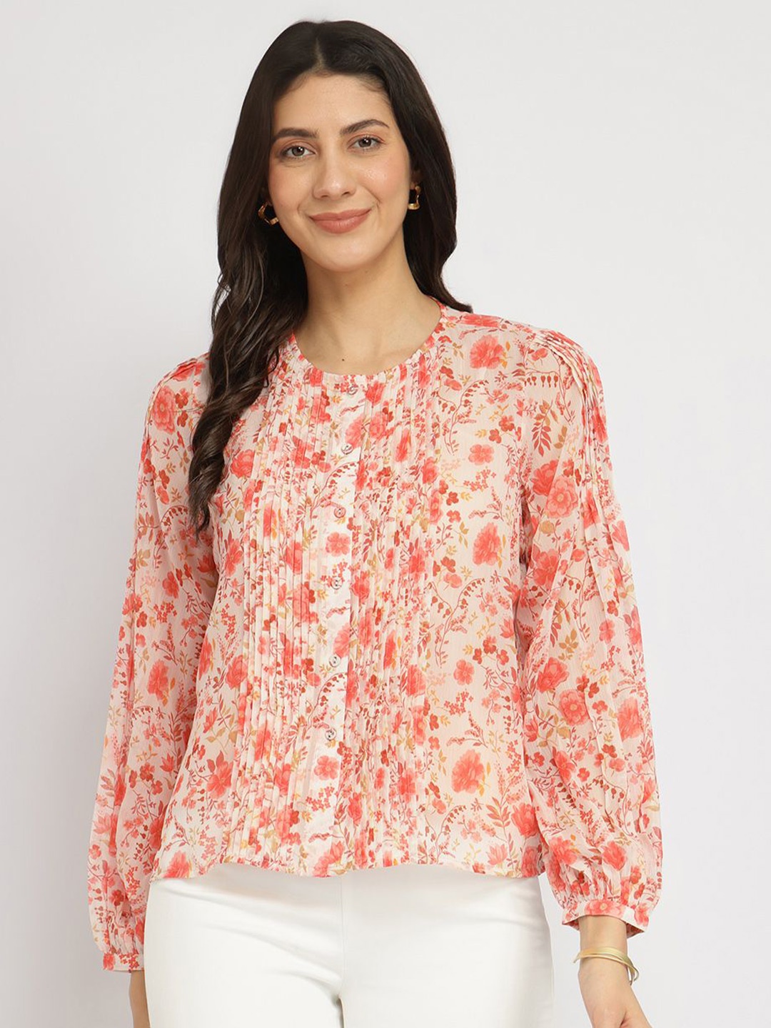 

FableStreet Floral Orange Gathered Sleeves Top
