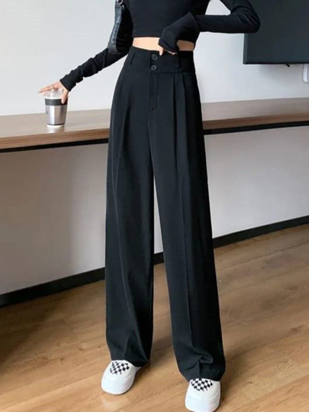 

Next One Women Smart Loose Fit High-Rise Easy Wash Pleated Trousers, Black