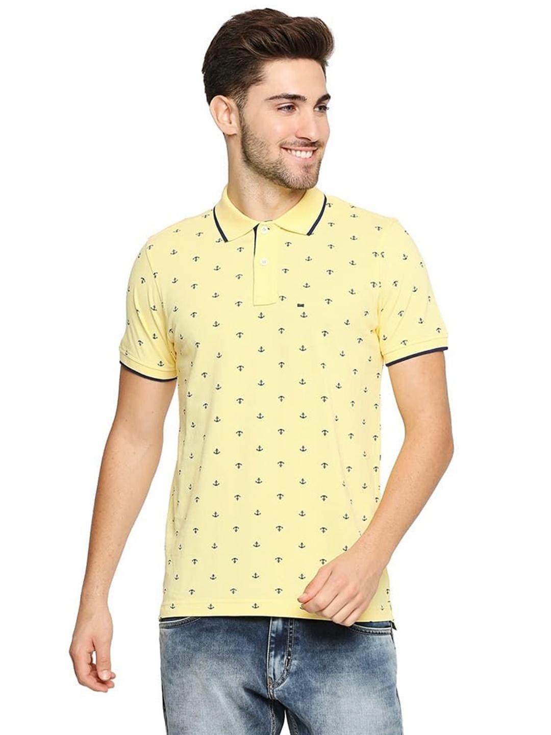 

Basics Men Conversational Printed Polo Collar Cotton Slim Fit T-shirt, Yellow