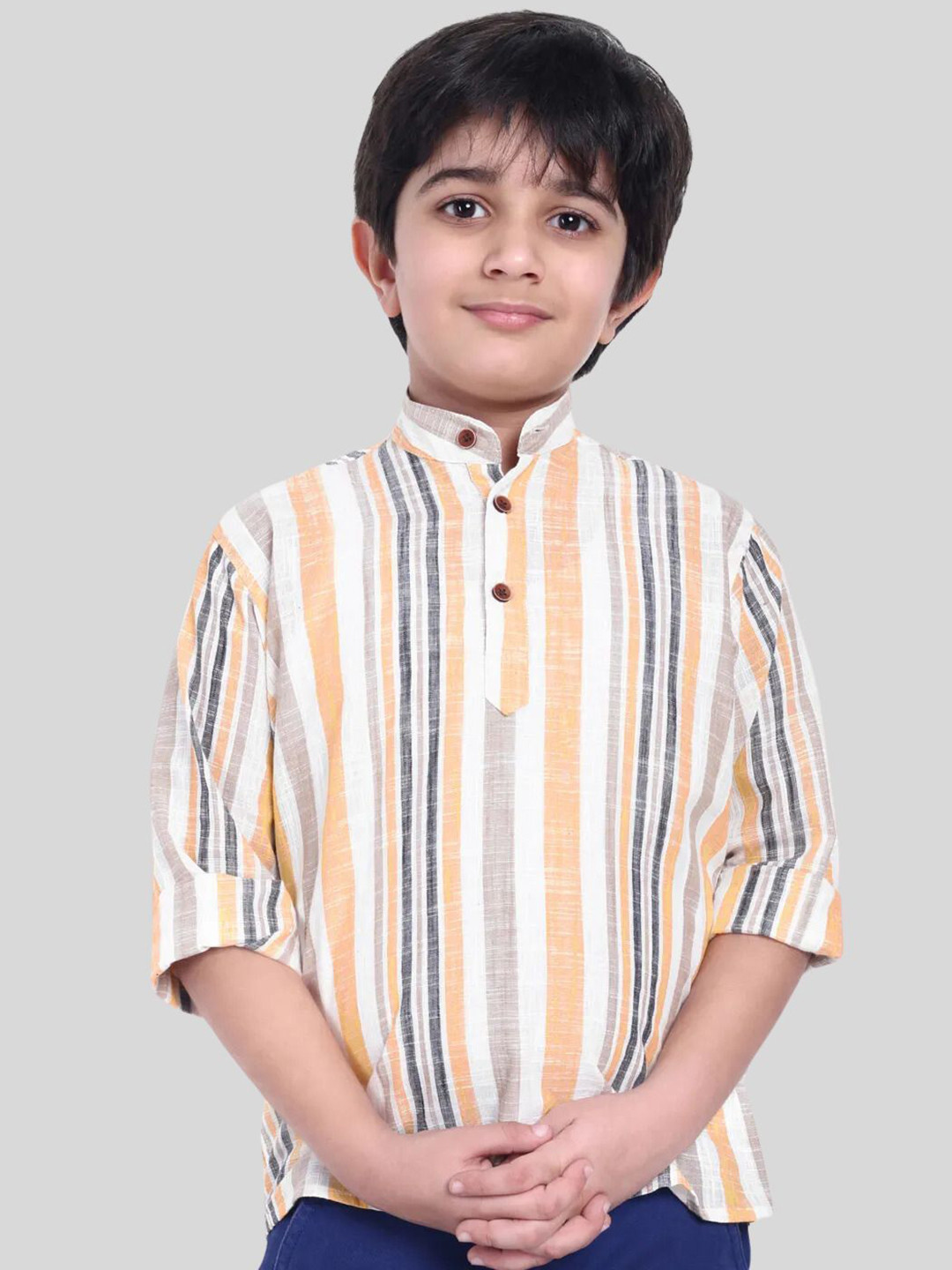 

MOSHI Boys Striped Band Collar Pure Cotton Straight Short Kurta, White