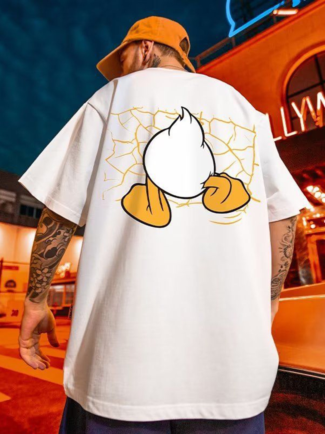 

HERE&NOW Men Graphic Printed Round Neck Cotton Oversized T-shirt, White