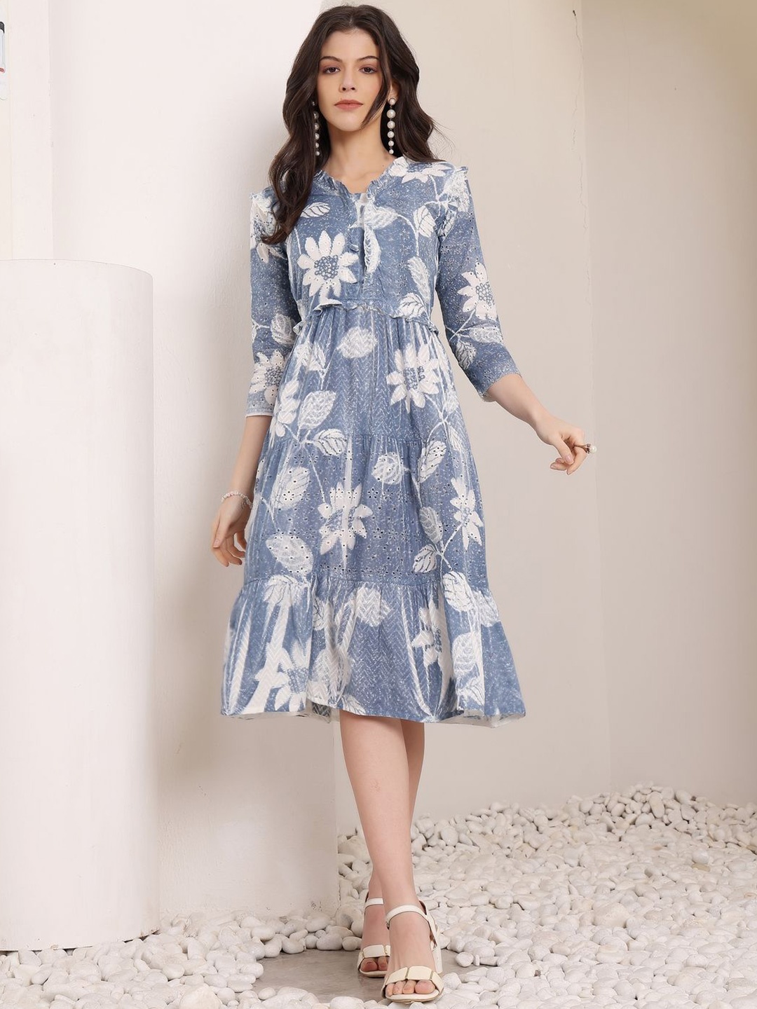 

all about you Floral Printed Schiffli Tiered Fit and Flare Above Knee Length Dress, Navy blue