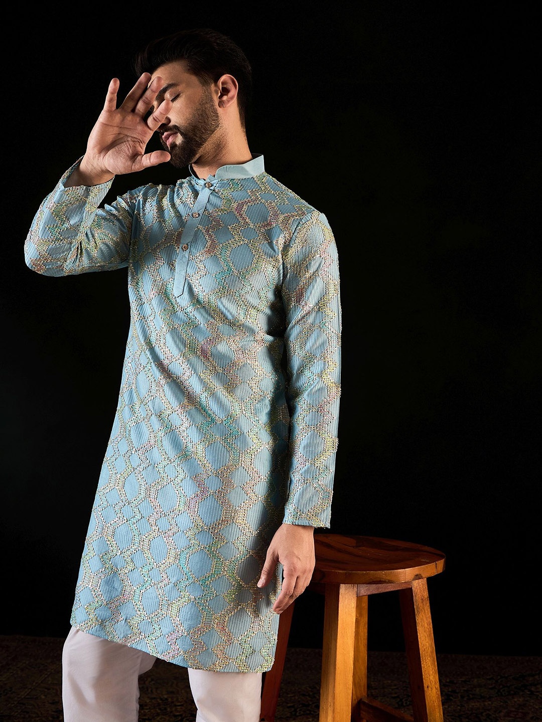 

Anouk Teal Blue Geometric Embroidered Mandarin Collar Sequinned Pure Silk Straight kurta