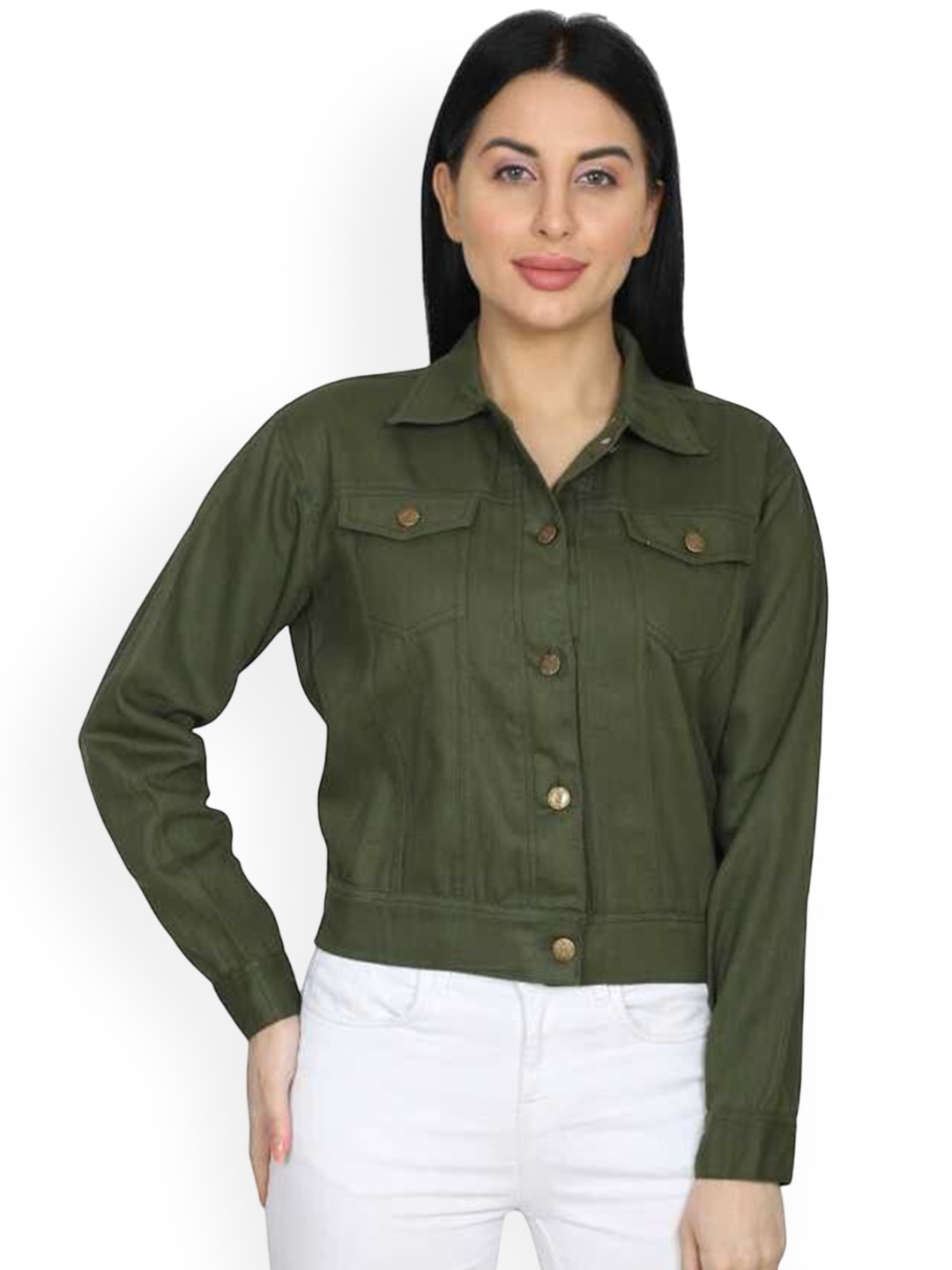 

KASHIAN Women Spread Collar Solid Casual Denim Jacket, Green
