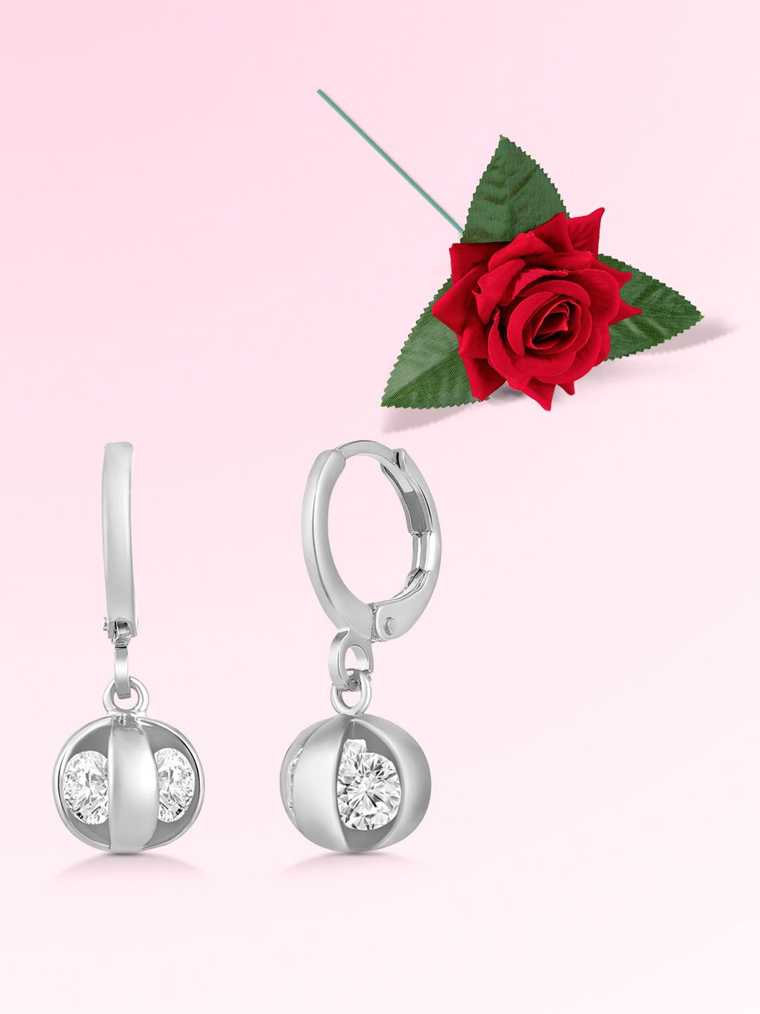 

Peora Silver-Plated Cubic Zirconia Studded Contemporary Drop Earrings With Red Rose