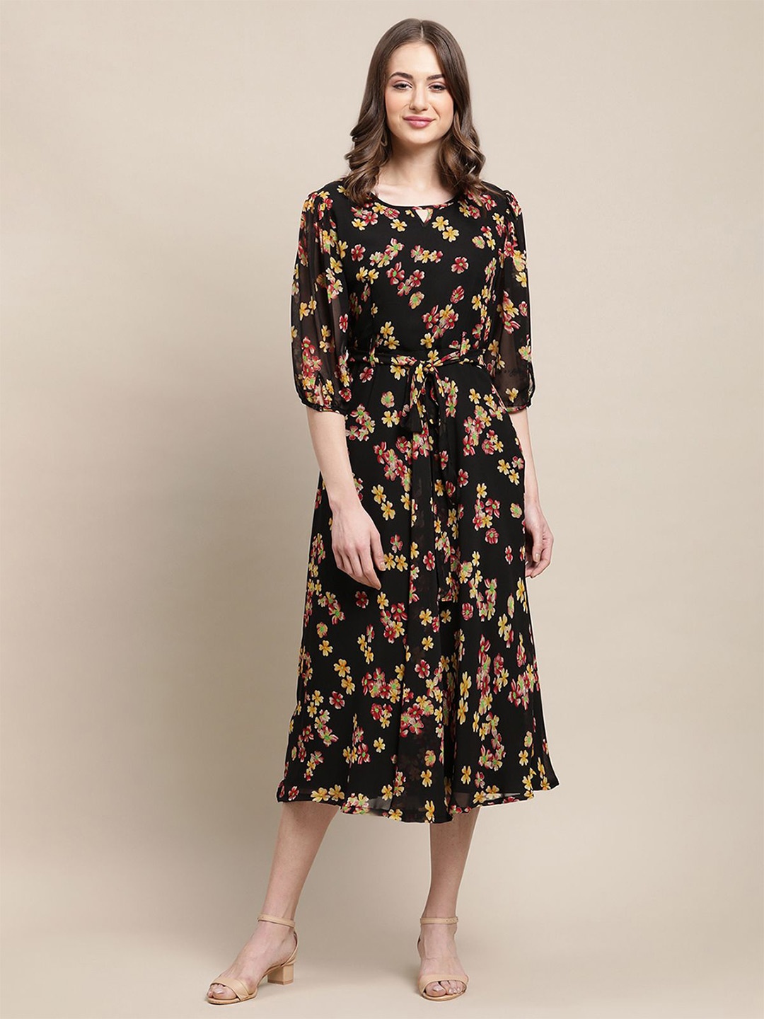

Tromko Women Floral Printed Georgette Fit & Flare Midi Dress, Black
