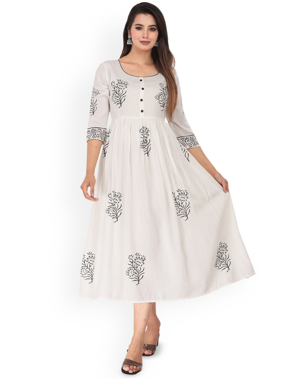 

PRIYAGANI GARMENTS Floral Printed Round Neck Fit and Flare Ethnic Dresses, White