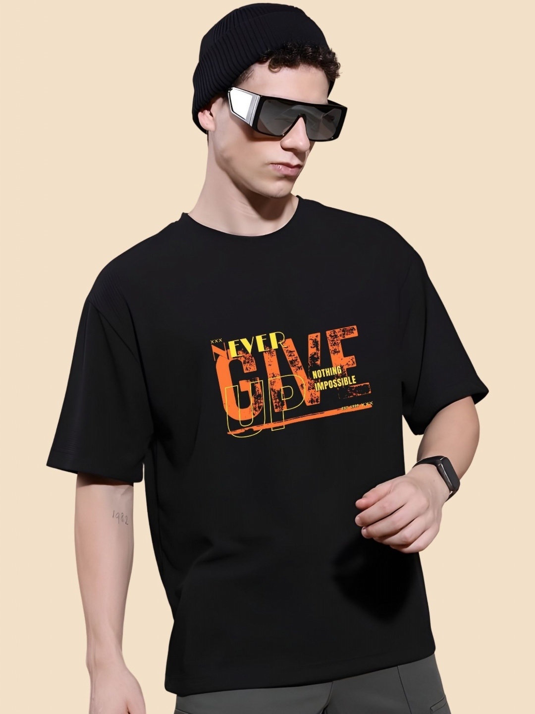 

SZN Men Typography Printed Round Neck Cotton Oversized T-shirt, Black