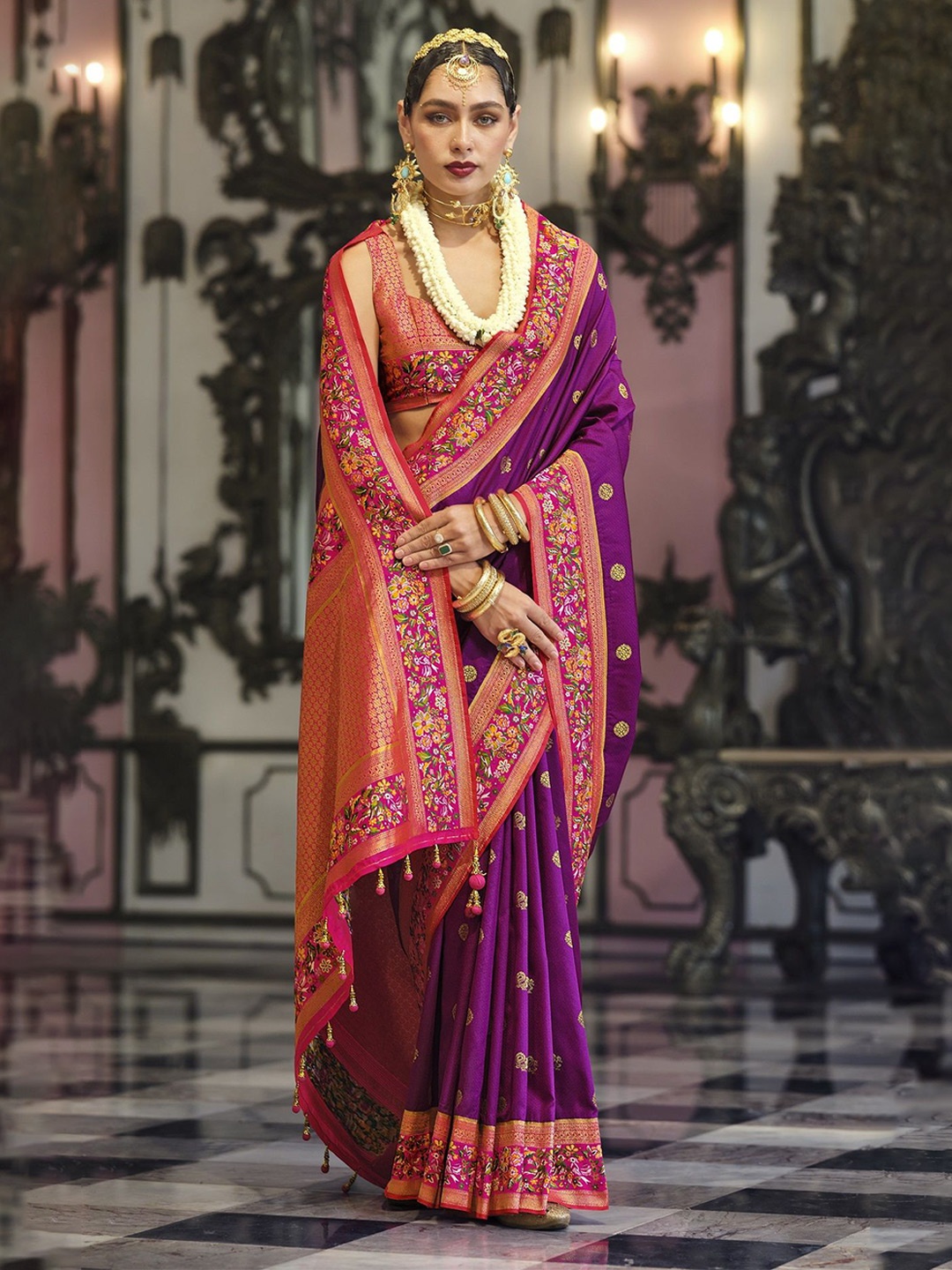 

MAHALASA Ethnic Motifs Zari Pure Silk Kanjeevaram Saree, Purple
