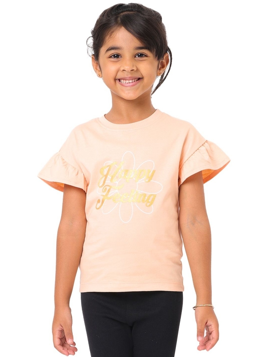 

Nuego Girls Typography Printed Bio Finish Round Neck Cotton T-shirt, Peach