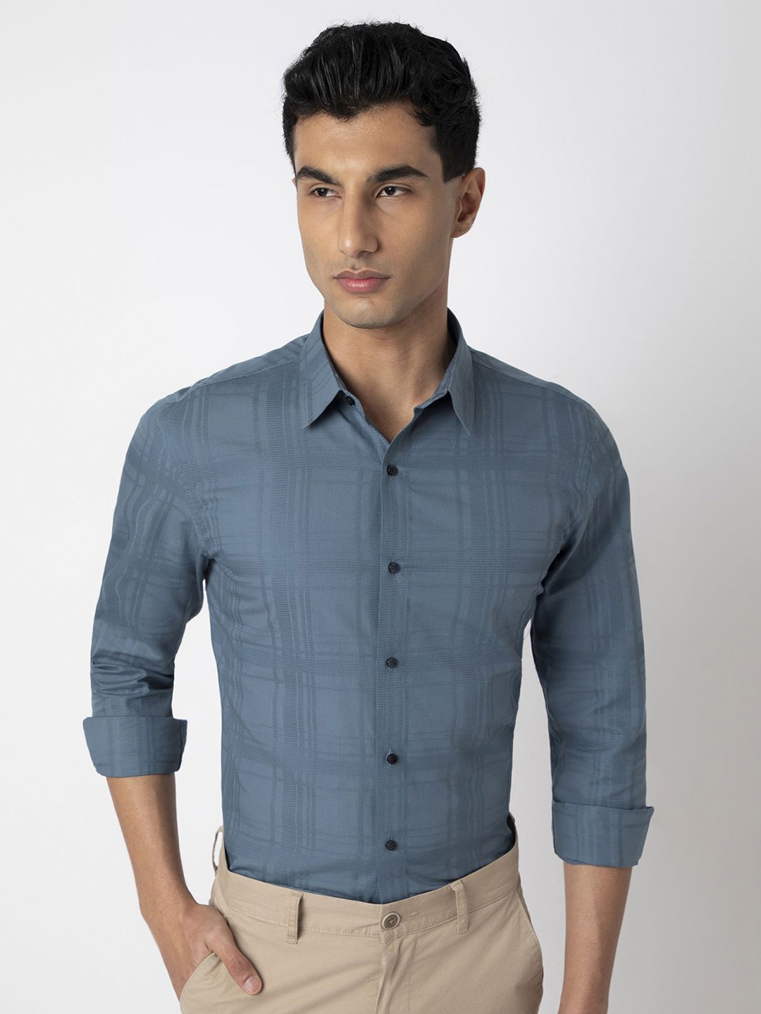 

MARK & ALBERT Men Slim Fit Windowpane Checks Opaque Casual Shirt, Blue