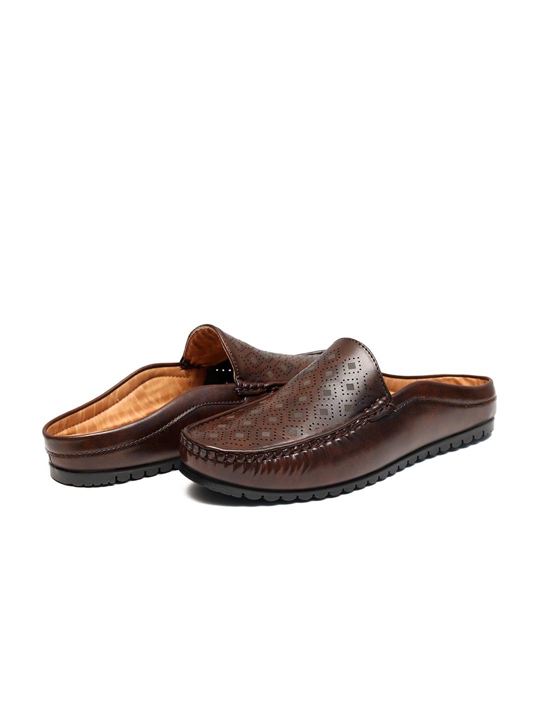

ARAMISH Men Perforations Lightweight Laser Cuts Slip-On Mojaris, Brown