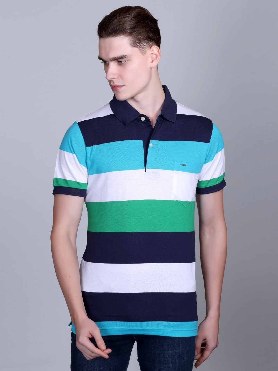 

CONFIDENCE Men Striped Polo Collar Cotton T-shirt, Navy blue