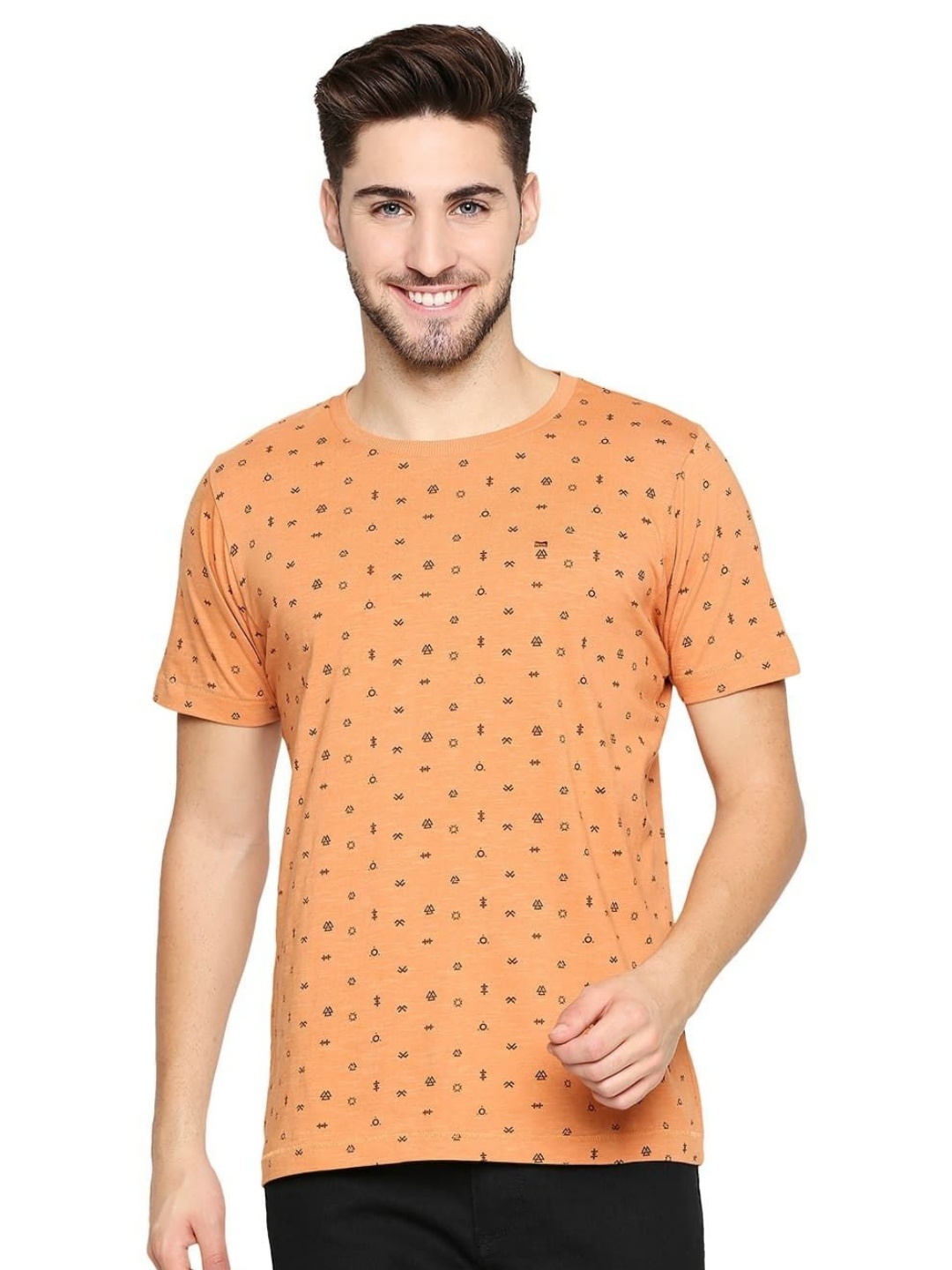 

Basics Men Geometric Printed Round Neck Cotton T-shirt, Brown