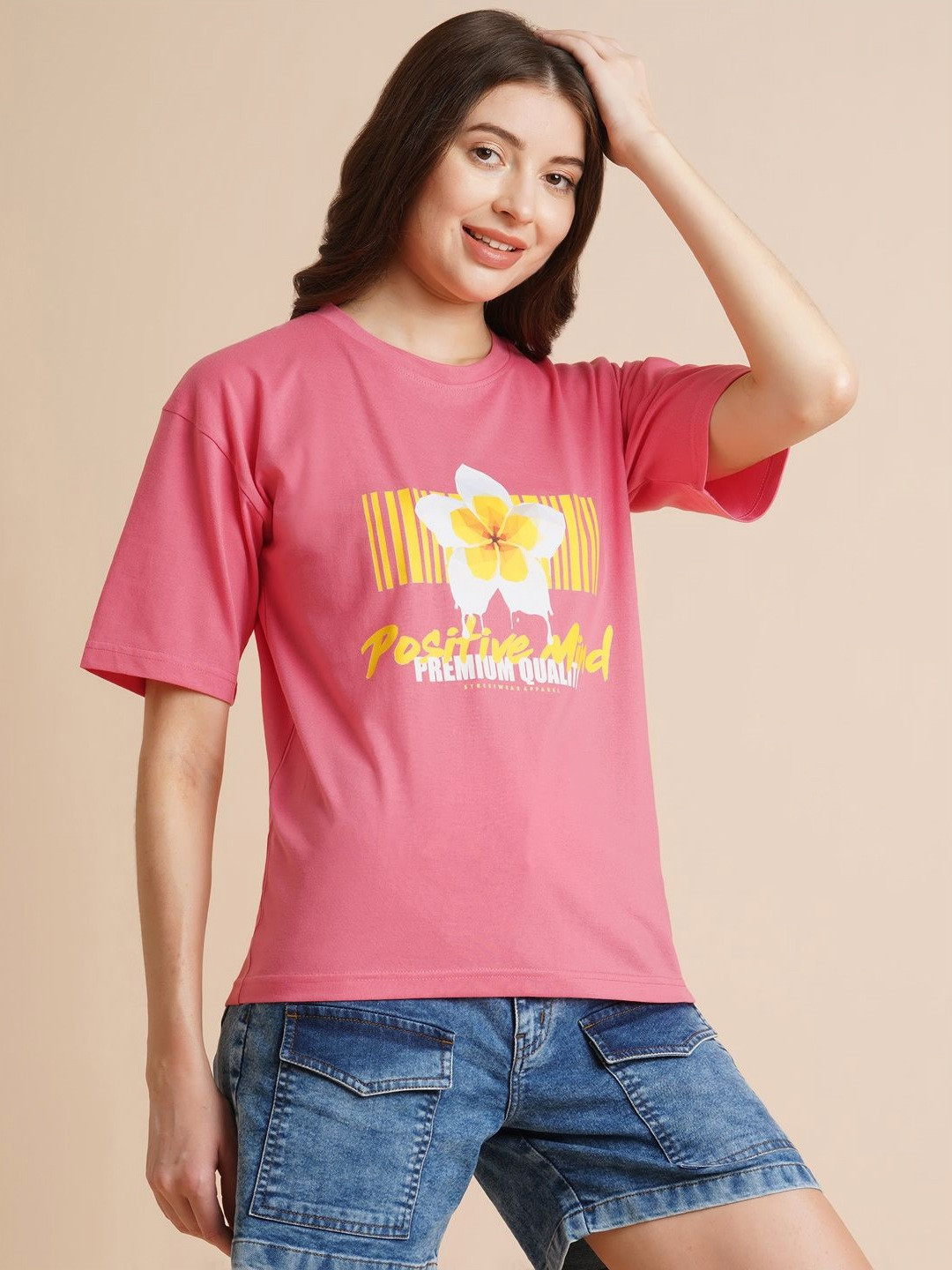

ANJIR Women Floral Printed Round Neck Oversized T-shirt, Pink