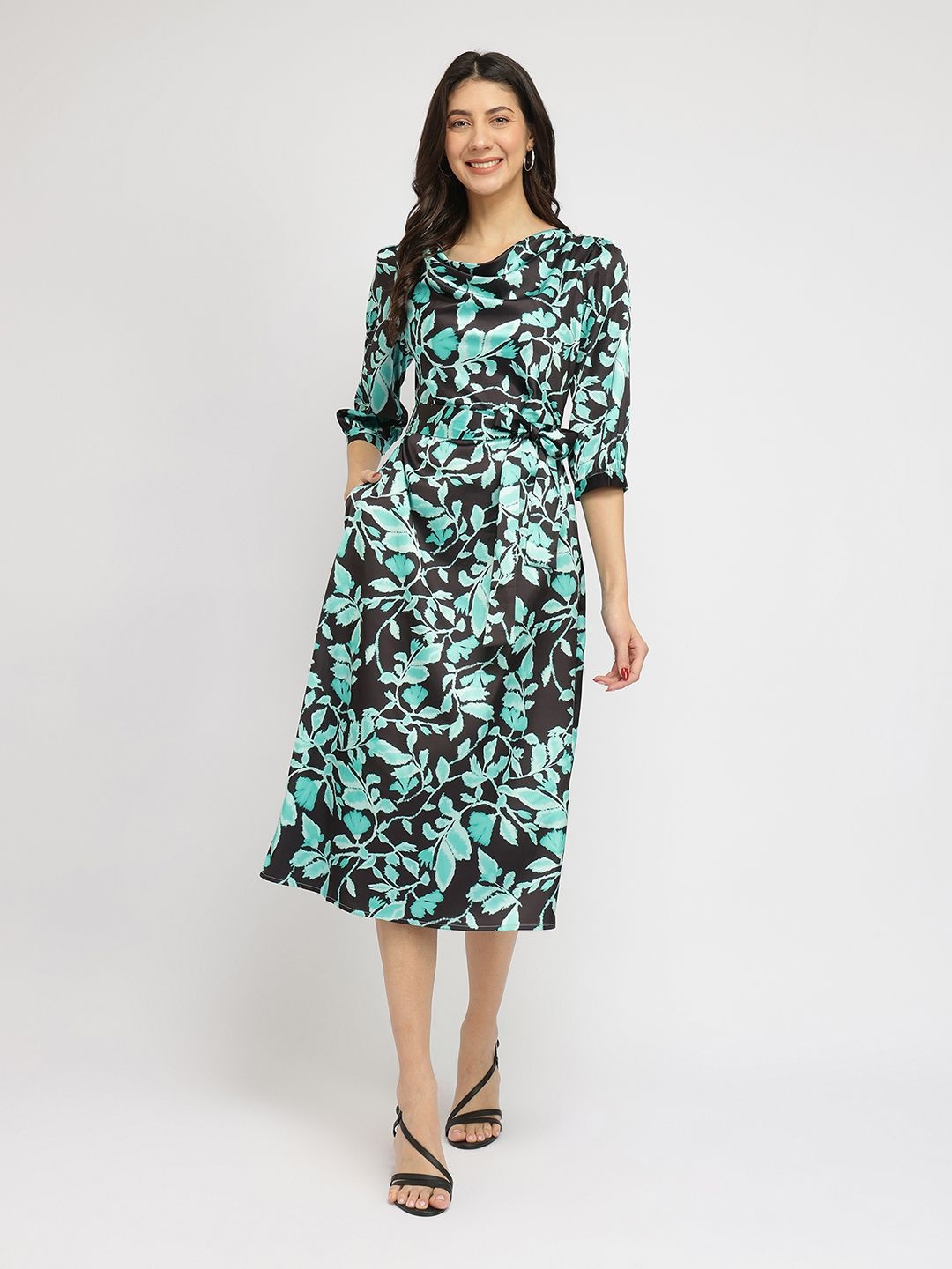 

FableStreet Women Satin Midi Dress -Teal, Black