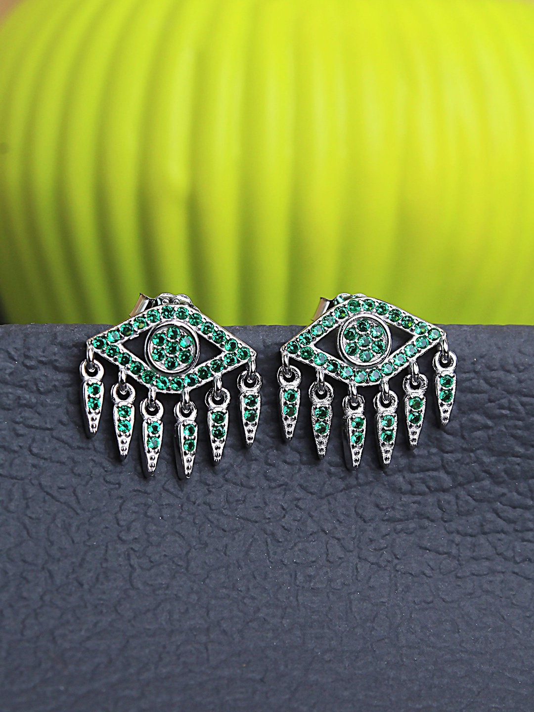 

DEVASHREE 925 Sterling Silver Rhodium-Plated Emerald Cubic Zirconia Studded Evil Eye Studs, Green