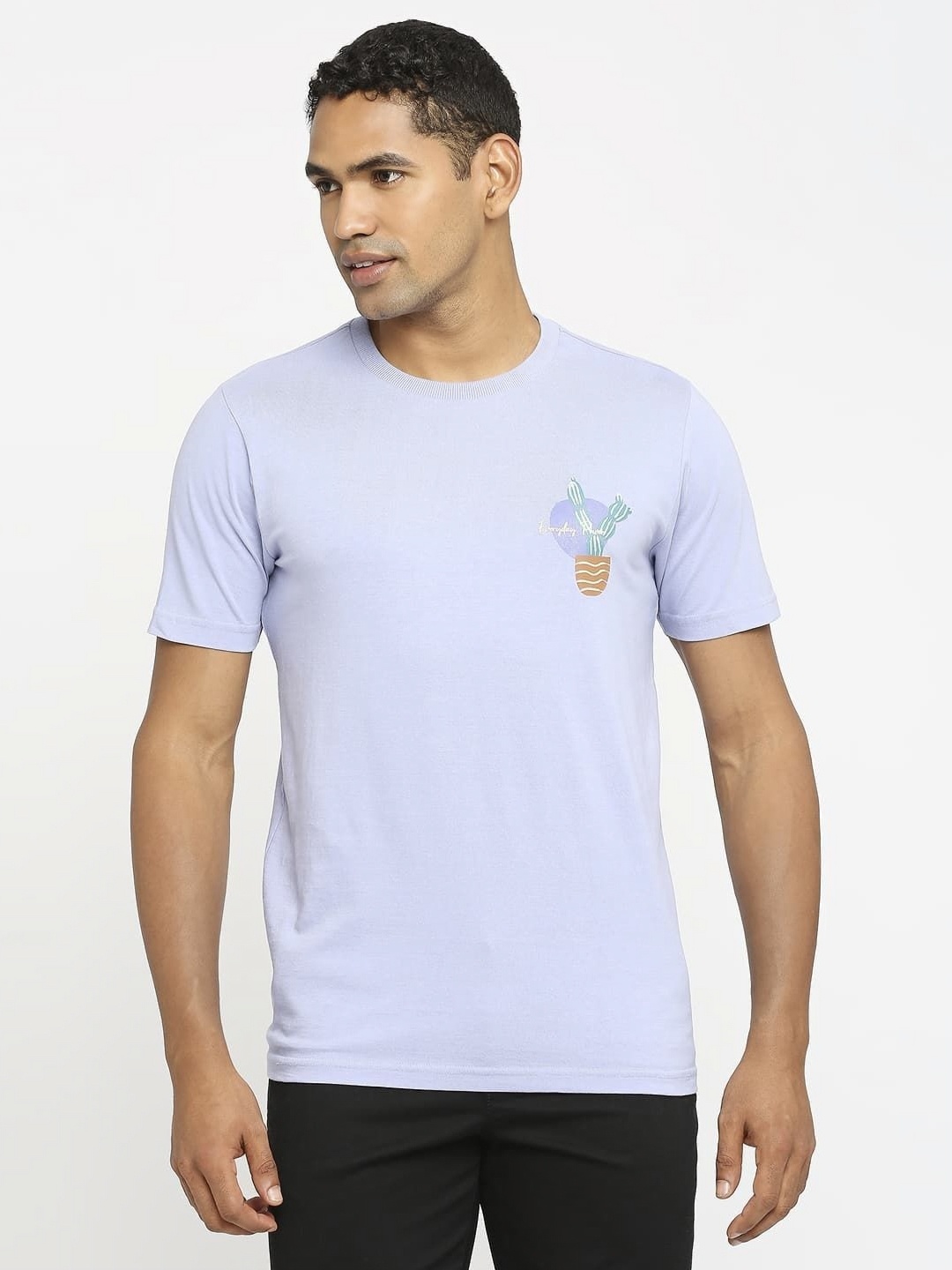 

Basics Men Graphic Printed Round Neck Cotton T-shirt, Lavender