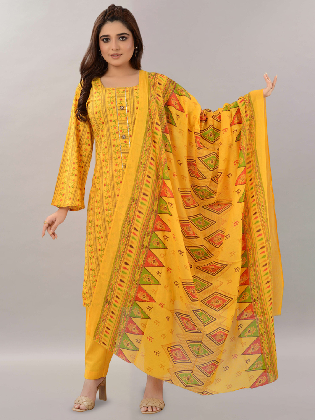 

TROMBOO Floral Printed V-Neck Gotta Patti Straight Kurta With Trousers & Dupatta, Mustard